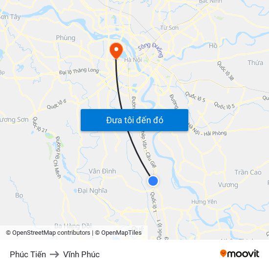 Phúc Tiến to Vĩnh Phúc map