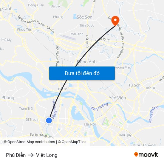 Phú Diễn to Việt Long map