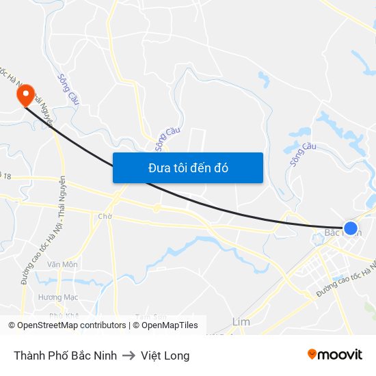 Thành Phố Bắc Ninh to Việt Long map