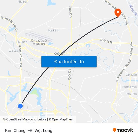 Kim Chung to Việt Long map