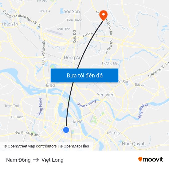Nam Đồng to Việt Long map