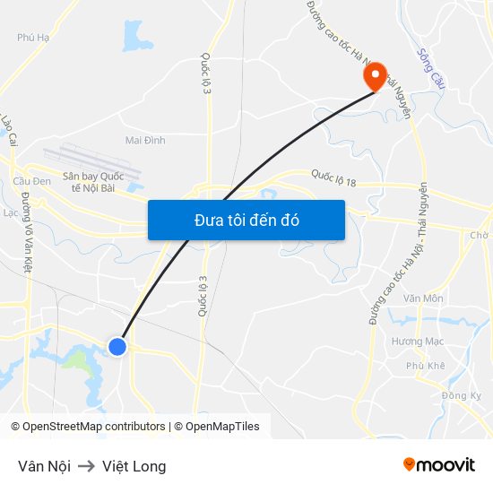 Vân Nội to Việt Long map
