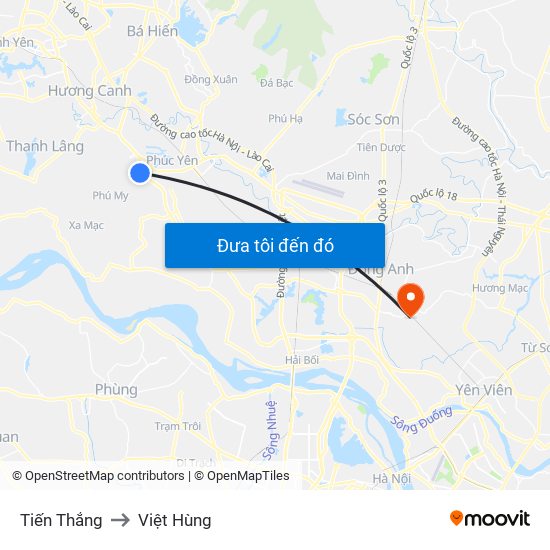 Tiến Thắng to Việt Hùng map