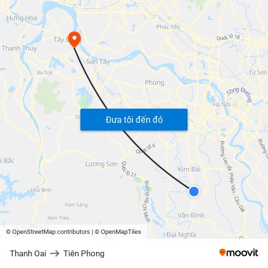 Thanh Oai to Tiên Phong map