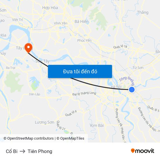 Cổ Bi to Tiên Phong map