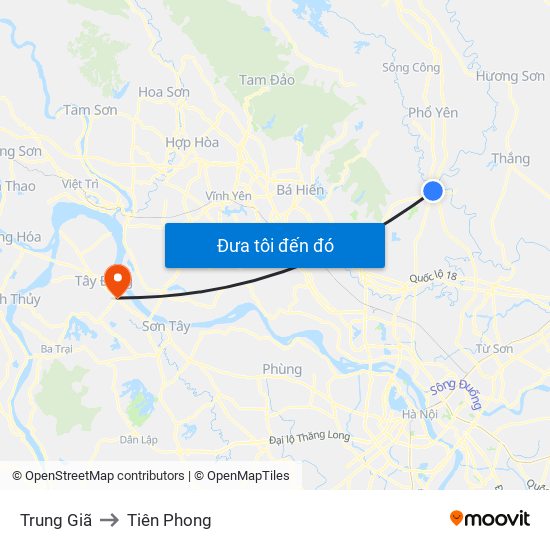 Trung Giã to Tiên Phong map