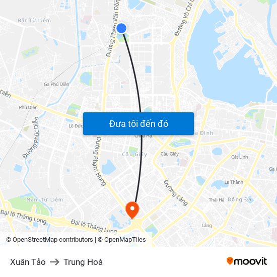 Xuân Tảo to Trung Hoà map