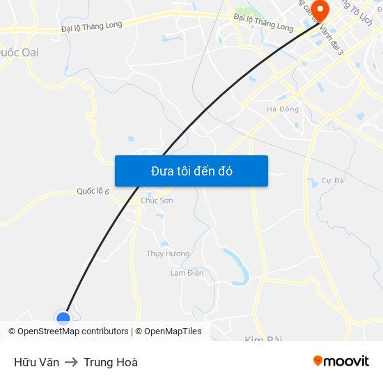 Hữu Văn to Trung Hoà map