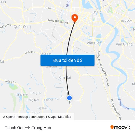 Thanh Oai to Trung Hoà map