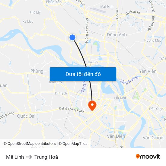 Mê Linh to Trung Hoà map
