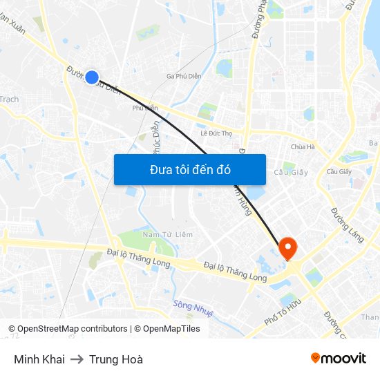 Minh Khai to Trung Hoà map