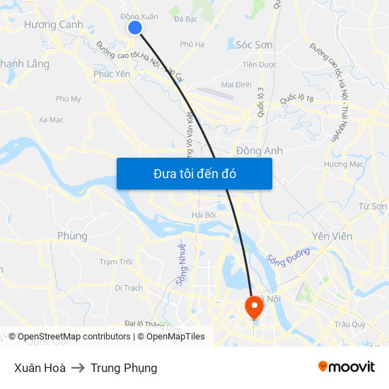 Xuân Hoà to Trung Phụng map