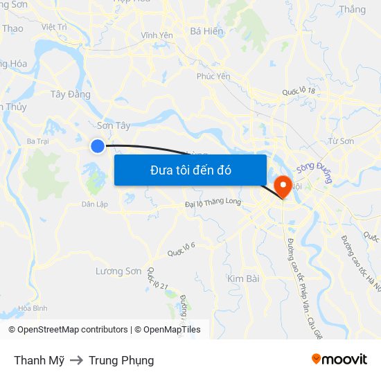 Thanh Mỹ to Trung Phụng map