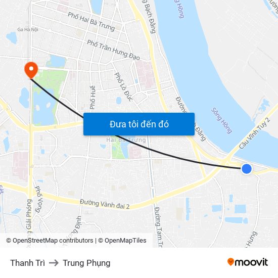 Thanh Trì to Trung Phụng map