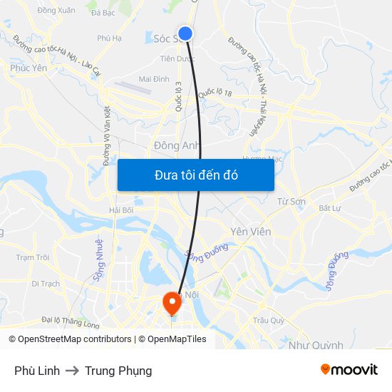 Phù Linh to Trung Phụng map