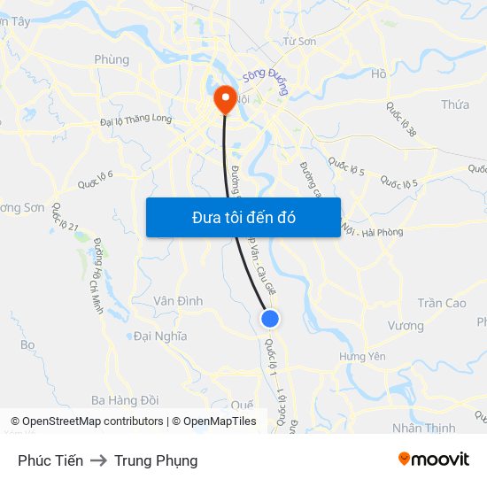 Phúc Tiến to Trung Phụng map