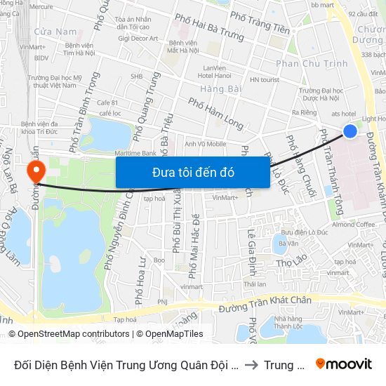 Đối Diện Bệnh Viện Trung Ương Quân Đội 108 - Trần Hưng Đạo to Trung Phụng map