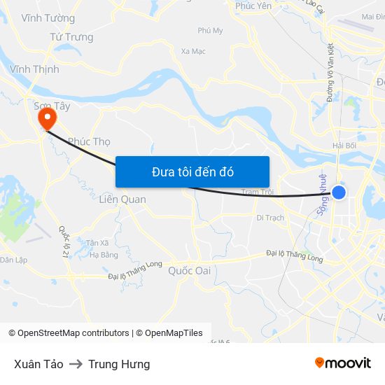 Xuân Tảo to Trung Hưng map