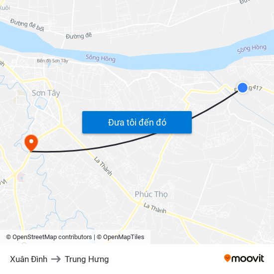 Xuân Đình to Trung Hưng map