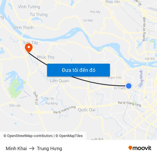 Minh Khai to Trung Hưng map