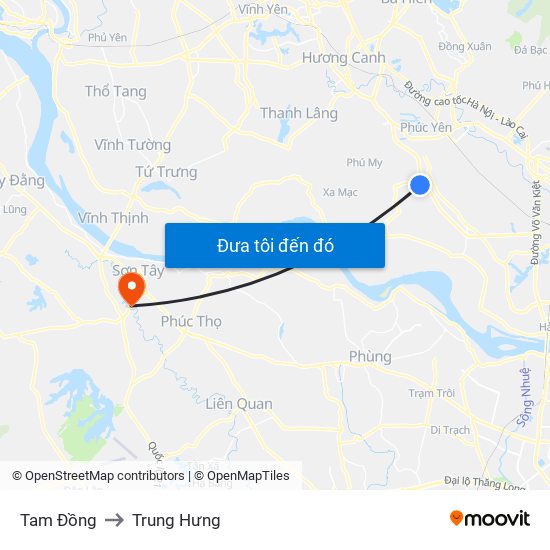 Tam Đồng to Trung Hưng map