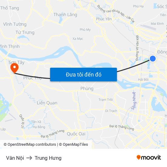 Vân Nội to Trung Hưng map