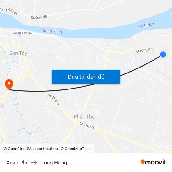 Xuân Phú to Trung Hưng map