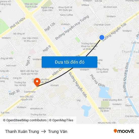 Thanh Xuân Trung to Trung Văn map