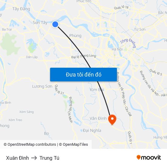 Xuân Đình to Trung Tú map