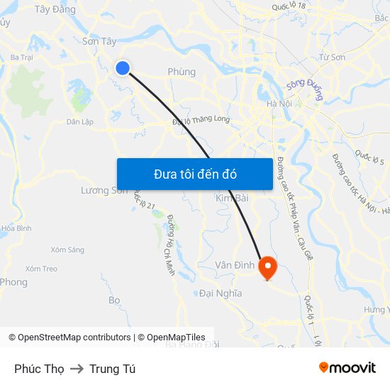 Phúc Thọ to Trung Tú map