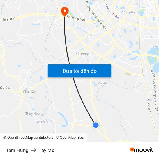 Tam Hưng to Tây Mỗ map