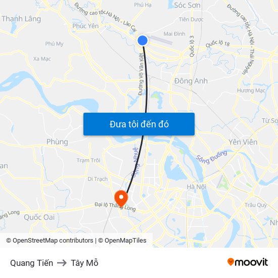 Quang Tiến to Tây Mỗ map