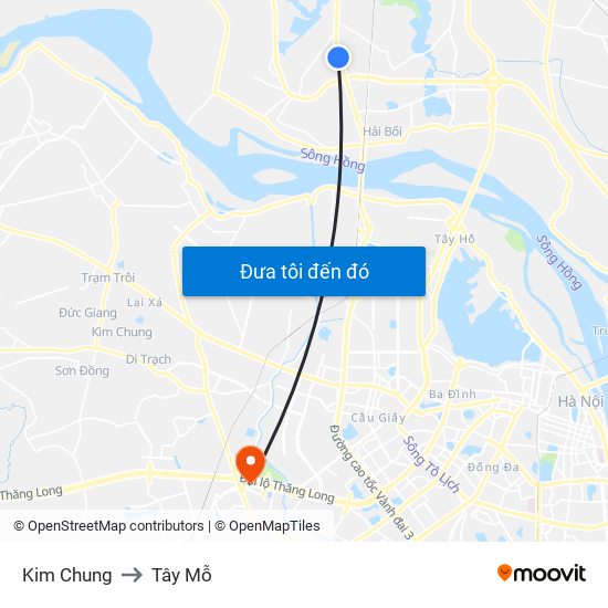 Kim Chung to Tây Mỗ map
