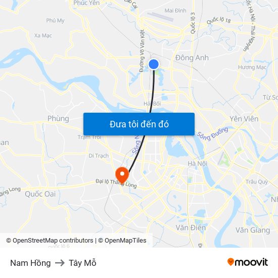 Nam Hồng to Tây Mỗ map