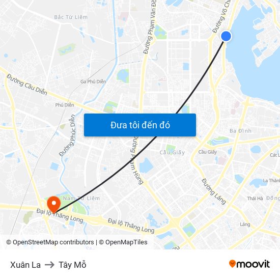 Xuân La to Tây Mỗ map