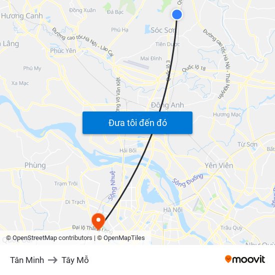 Tân Minh to Tây Mỗ map