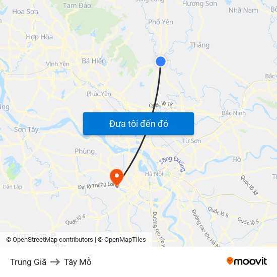 Trung Giã to Tây Mỗ map