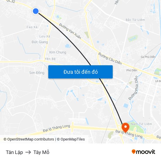 Tân Lập to Tây Mỗ map