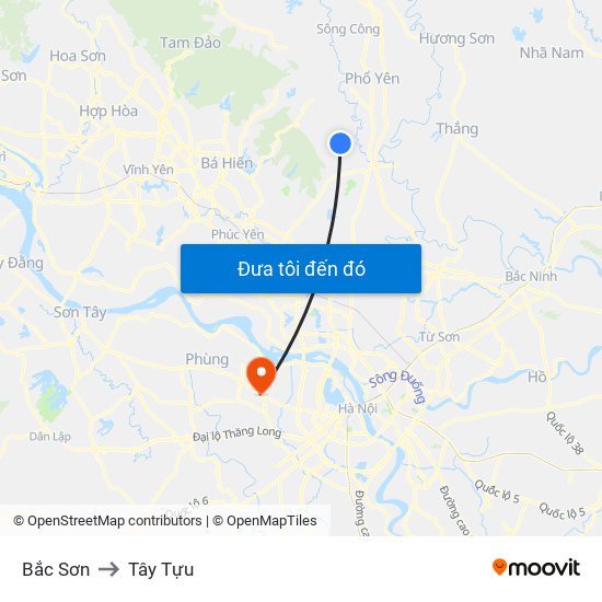 Bắc Sơn to Tây Tựu map