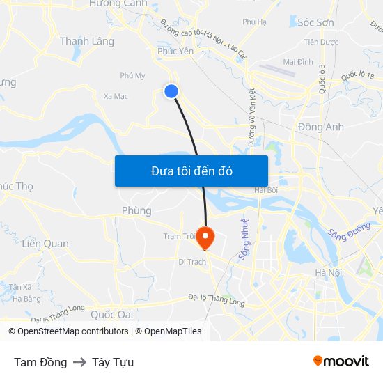 Tam Đồng to Tây Tựu map