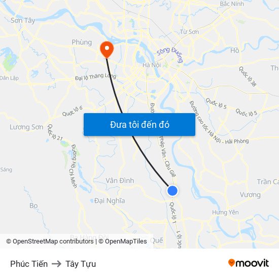 Phúc Tiến to Tây Tựu map