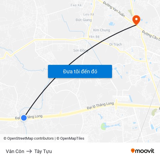 Vân Côn to Tây Tựu map