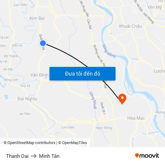 Thanh Oai to Minh Tân map