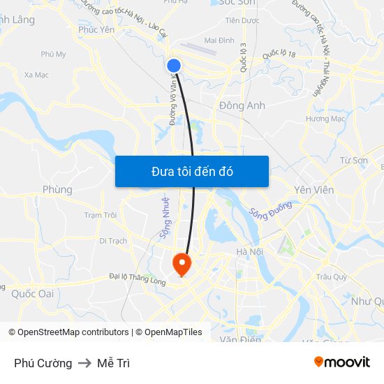 Phú Cường to Mễ Trì map