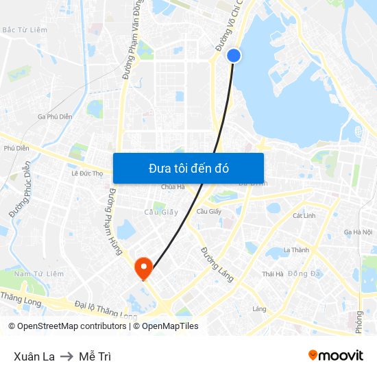 Xuân La to Mễ Trì map