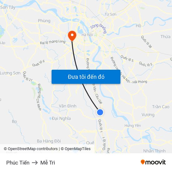 Phúc Tiến to Mễ Trì map