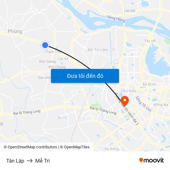 Tân Lập to Mễ Trì map