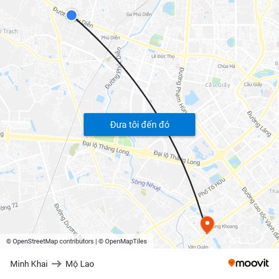 Minh Khai to Mộ Lao map