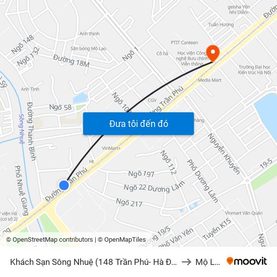 Khách Sạn Sông Nhuệ (148 Trần Phú- Hà Đông) to Mộ Lao map