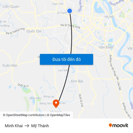 Minh Khai to Mỹ Thành map